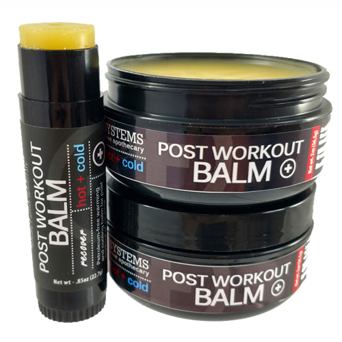 Post workout balm in twist tube and 2oz jar for larger application